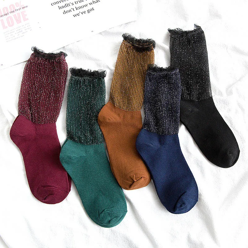 [EIOISAPRA] Лоскутные блестящие носки из сетчатой пряжи серебряные шелковые