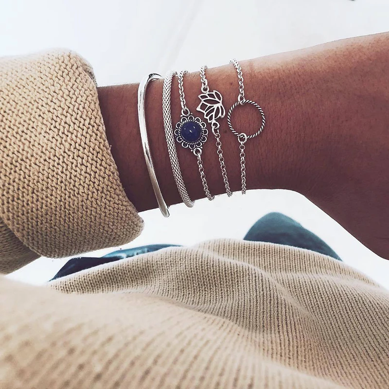 Trendy Jewelry Lotus Simple Bracelet Temperament Flower Chain Five-piece Set Hand Festival Gift Girls Day | Украшения и