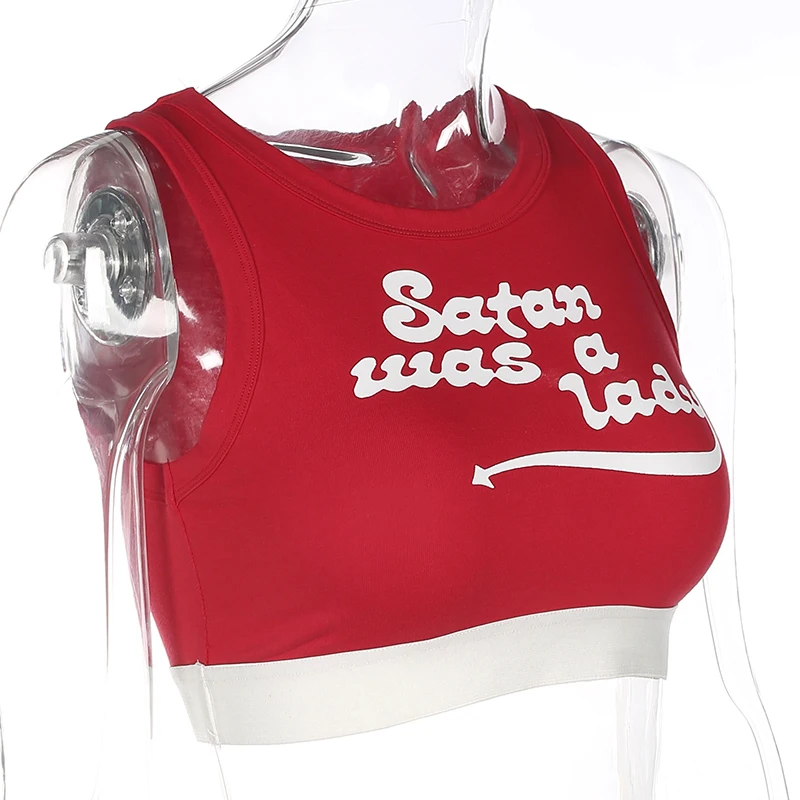 Slim Cropped Tank Tops Women Letter Print Sleeveless Red Knitted Crop Top Summer O-neck Fitness Sporting Workout Tanks | Женская одежда