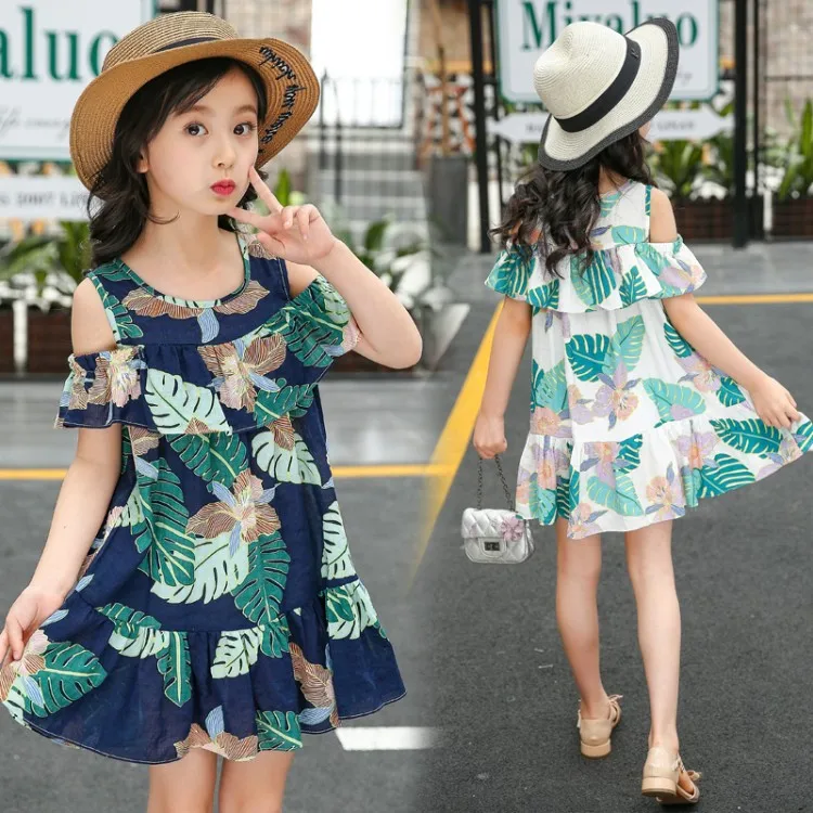 Летнее Новое модное платье с оборками и открытыми плечами для девочек детские