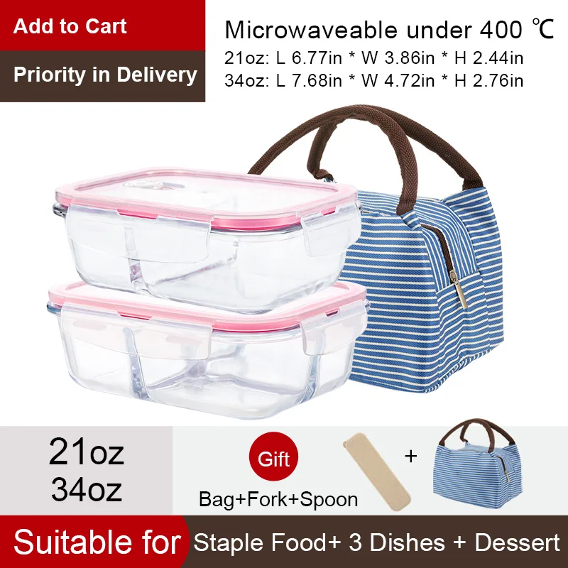 C21oz-34oz-Blue Bag Здоровый материал Ланч-бокс 3 отделения коробки микроволновая посуда контейнер для хранения еды Ланч-бокс стеклянный контейнер - Цвет: C21oz-34oz-Blue Bag