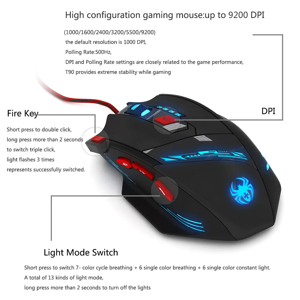 Zelotes T90. USB проводная оптическая игровая компьютерная мышь. Разрешение 9200