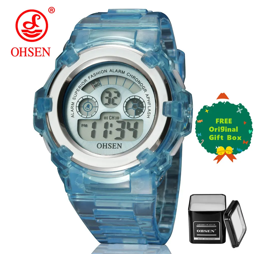 Blue and gift box Детские часы OHSEN, модные спортивные часы для мальчиков и девочек, студенческие часы с будильником и датой, Детский водонепроницаемый светодиодный цифровой наручные часы Relojes - Цвет: Blue and gift box