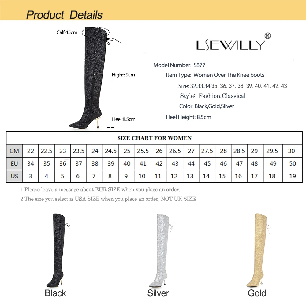 

Lsewilly Winter New Bling Pointed Toe Long Boots Over The Knee Boots Dress Shoes Stiletto Heels Gold Wedding Party Shoes S877
