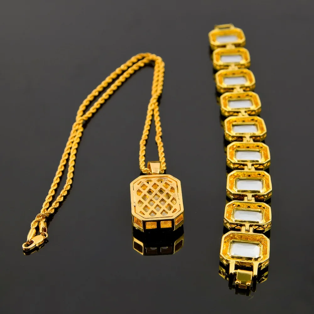 Мужской s Iced Out хип хоп золотой цвет браслет из Красного камня и кулон ожерелье набор шикарные блестящие подвески для мужчин высокое качество
