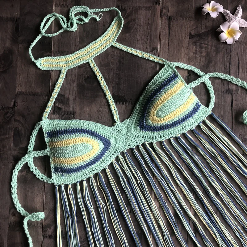 Бикини Крючком черный сексуальный женский топ с кисточками Boho пляжный купальник бахрома вязаная крючком бикини бюстгальтер с бретельками