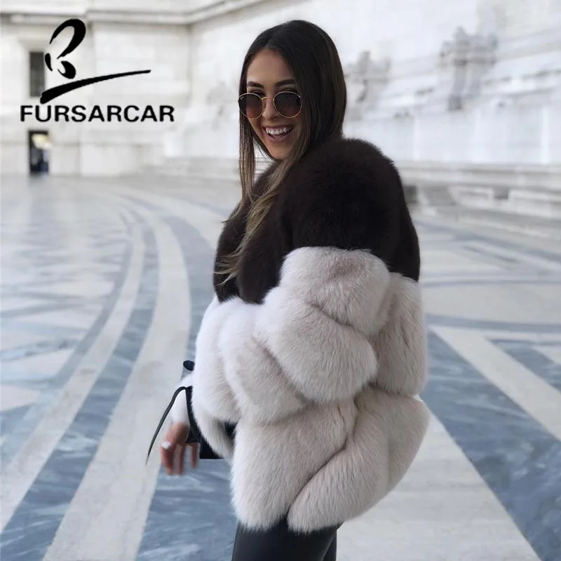 FURSARCAR 2018 натуральный Лисий мех пальто для Для женщин О образным вырезом 60 см