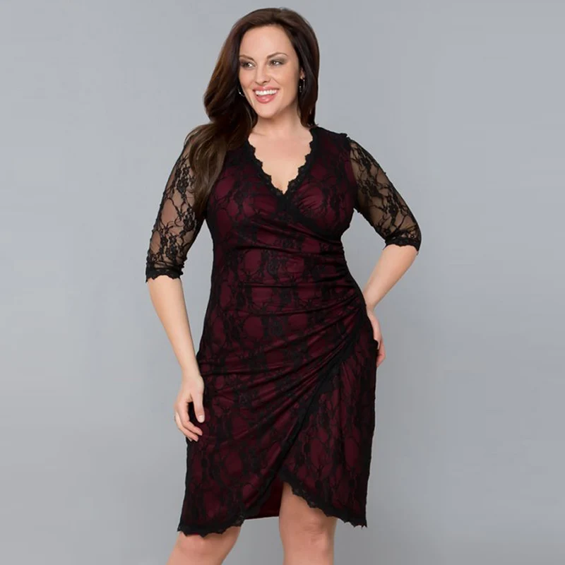 Plus Size Dress XXXL Women Lace Party Dresses 2017 New Elegant Big Slimming Straight Deep V-Neck Knee-Length | Женская одежда