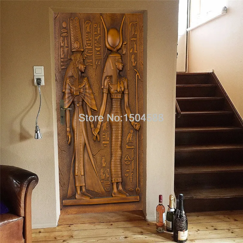 Европейский стиль, ретро наклейка на дверь, 3D египетские скульптурные обои для гостиной, кухни, ПВХ, водонепроницаемая наклейка для дома, виниловая дверная Фреска