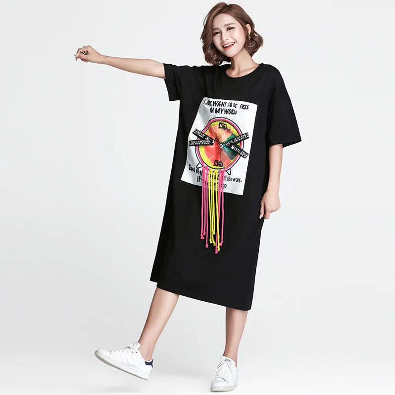 European Style Simple Leisure Large Size Women's Clothing Features A Relaxed and Comfortable Printed Logo Was Thin T-shirt Dress | Женская