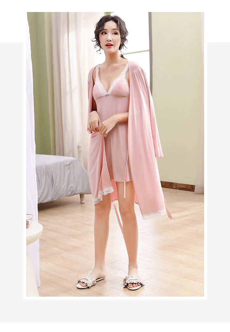Bata De Mujer, хлопковый Халат, набор,, модное белье, халат, треугольная чашка, кружевная отделка, женские халаты, одежда для сна, розовый, XXXL, кимоно, халат, набор