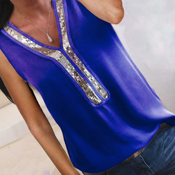 Sleeveless Blue Fanbety 5XL Женская Сексуальная шифоновая блузка с v-образным вырезом и пайетками блузка для офиса женские блузки топы летние элегантные офисные женские блузки Топы - Цвет: Sleeveless Blue