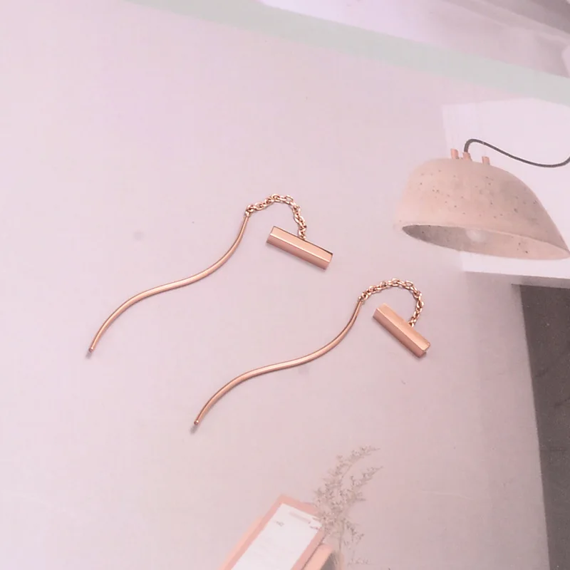 New Arrival Punk Rose Gold-color 316L Stainless Steel Dangle Earrings For Women Square Bar Ear Line Chains Fine Jewelry Gift | Украшения и