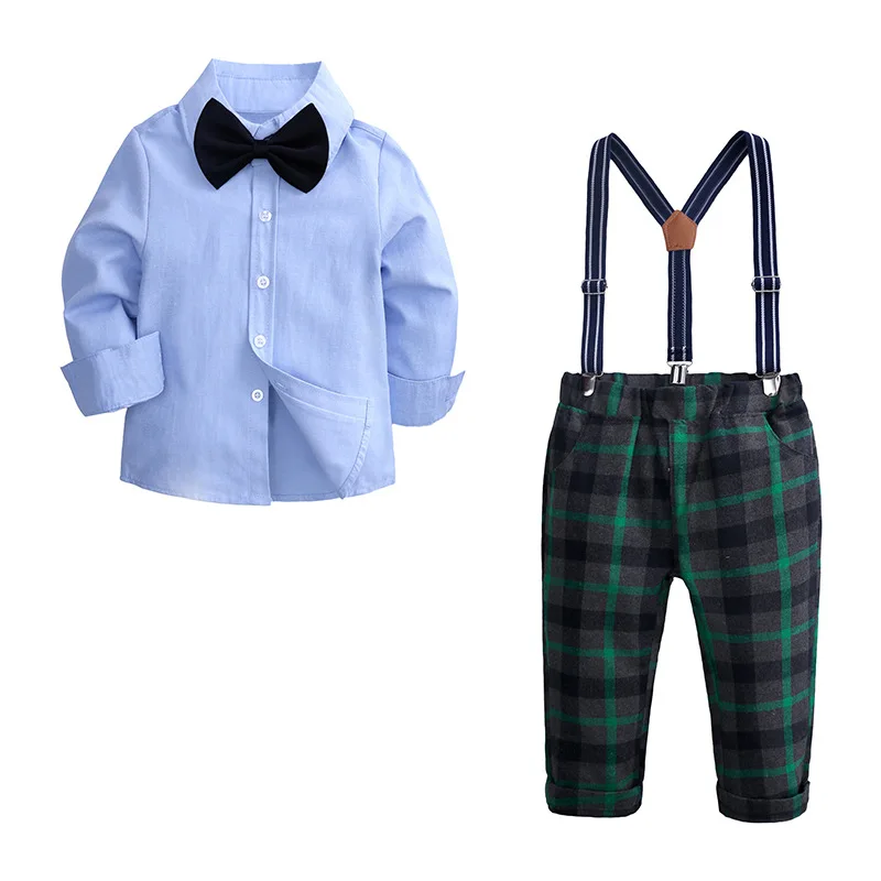 2PCS Kids Boys Clothes Sets 2019 Spring Plaid Blue Pink Shirt+Suspender Jeans Pant Children Gentleman Bow Tie Boy Outfit | Детская
