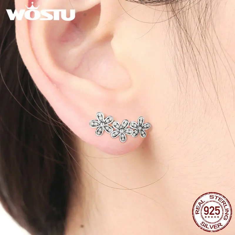 WOSTU, подлинные 925 пробы, серебряные, прозрачные, CZ, Ослепительная ромашка, сложенные цветы, серьги-гвоздики, оригинальные ювелирные изделия, женский подарок, XCHS506