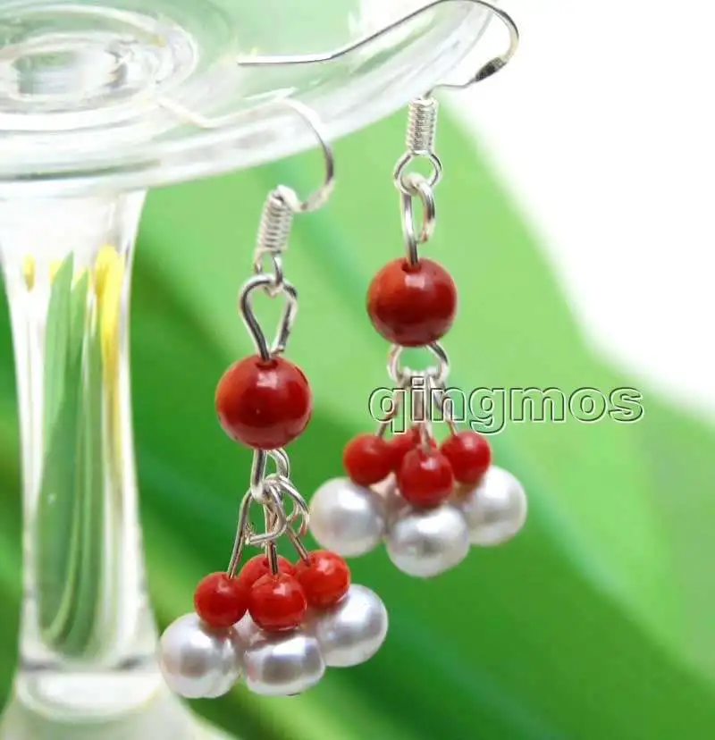 

Small 5-6mm Gray Round Natural Pearl with 3-5mm Red Coral Dangle 1.5'' earring-ear519 wholesale/retail Free shipping