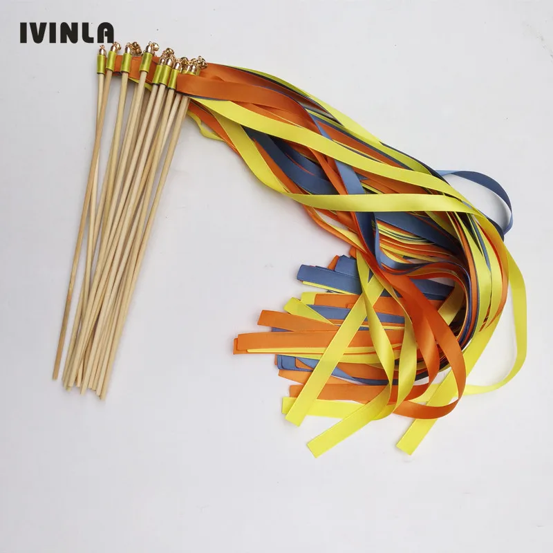 

50pcs/lot yellow wedding ribbon wands stick with bell for wedding decoration