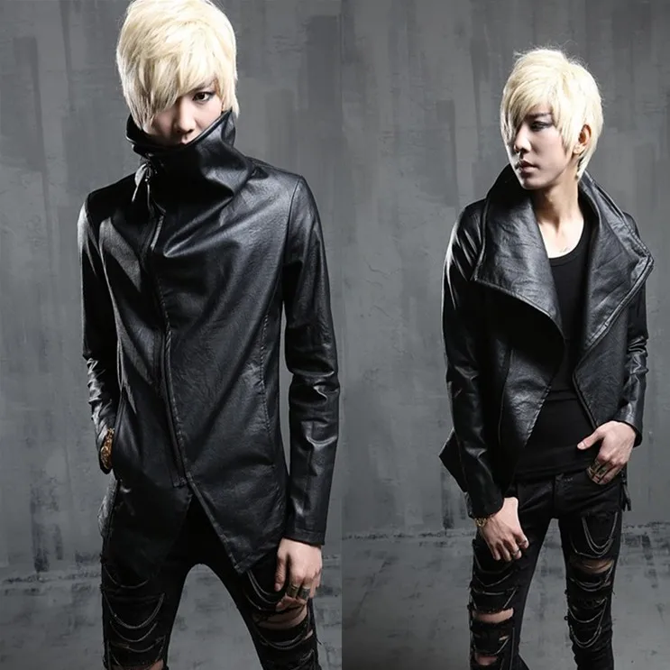 Nightclub DJ punk rock slim leather jacket oblique zipper design men turtleneck motorcycle biker faux leather jackets and coats