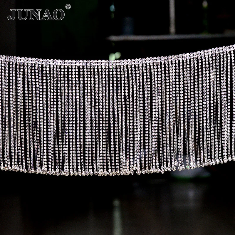 JUNAO 45cm Sewing Crystal AB Rhinestones Fringe Chain Glass Stones Tassel Metal Trim Crystal Applique Strass Tape for Dress DIY