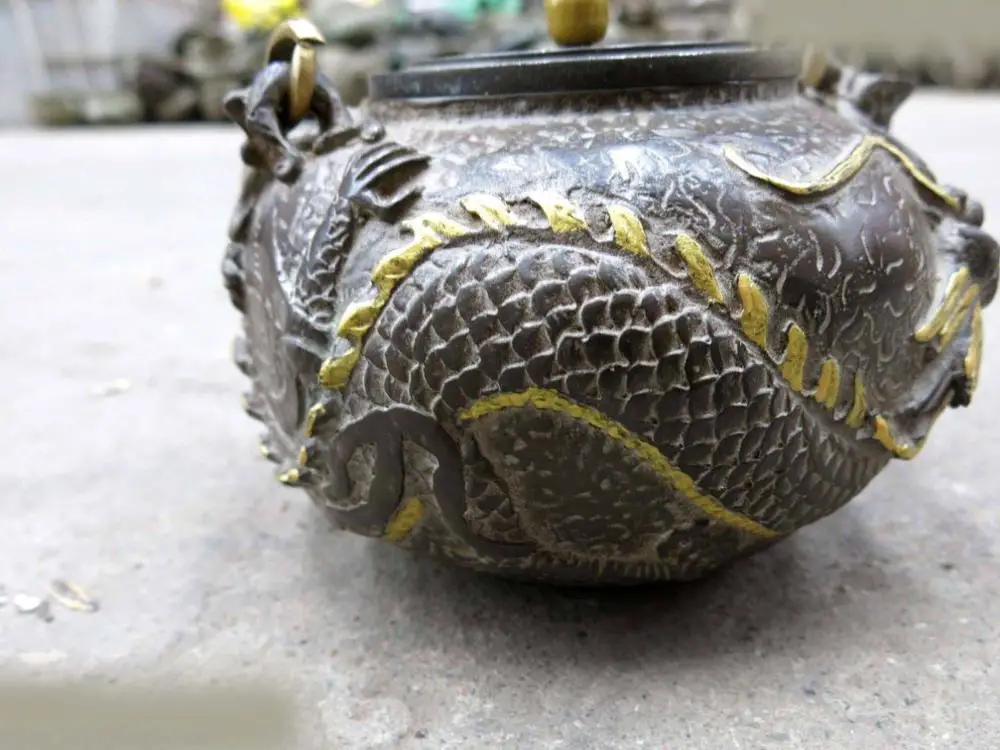 7 &quotКитайский Железный позолоченный резной Прекрасный Дракон Красивый Чайничек