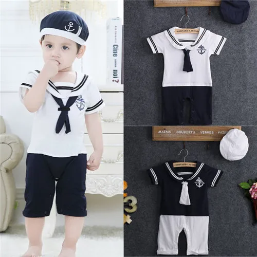 0-24M Newborn Infant Kid Baby Boys Romper Cotton Short Sleeve Tie Jumpsuit Playsuit Hat Captain Sailor Outfits Clothes Set |