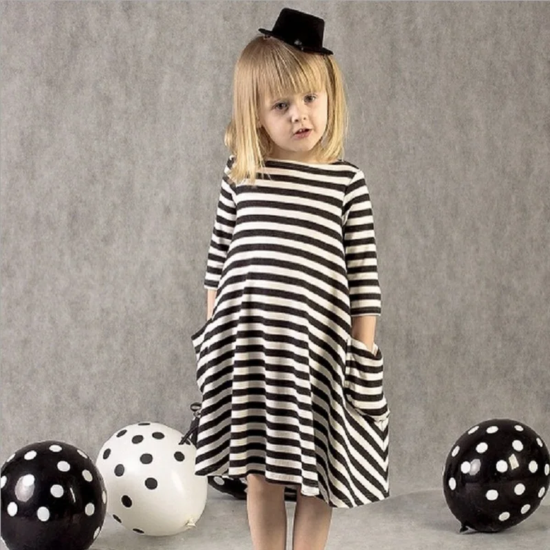 Платье в полоску с длинными рукавами для девочек цвет черный темно-синий Новинка