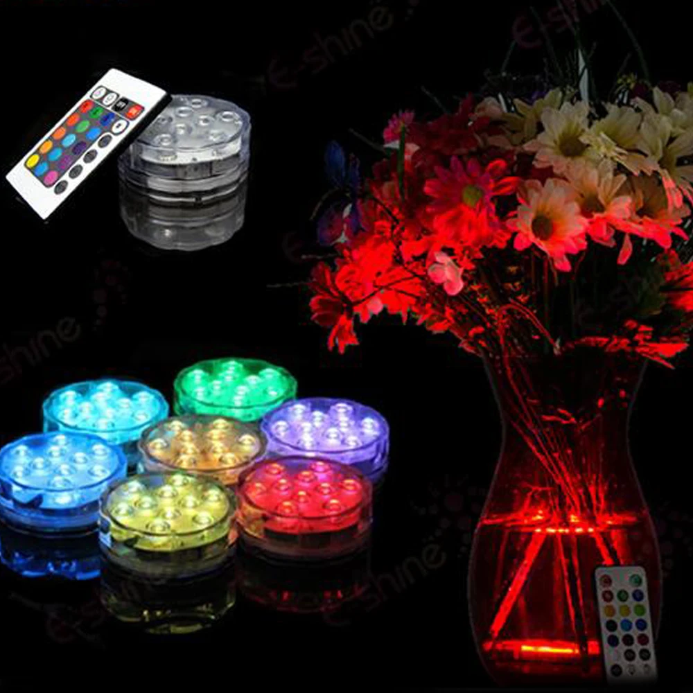 

10 шт./лот RGB Цвет подводная светодиодная Водонепроницаемый акцент LED светильник w/24-кнопочный ИК-пульт дистанционного управления для свадьбы...