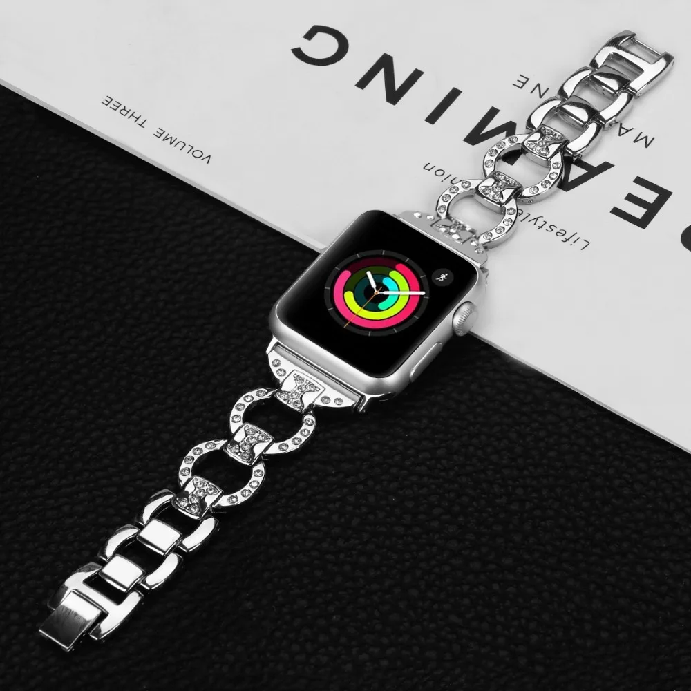 Bling из натуральной кожи часы ремешок для Apple Watch iWatch 4/3/2/1 бриллиант Стразы Нержавеющая сталь металлический браслет ремешок для наручных часов Iwatch, ремешок 82003