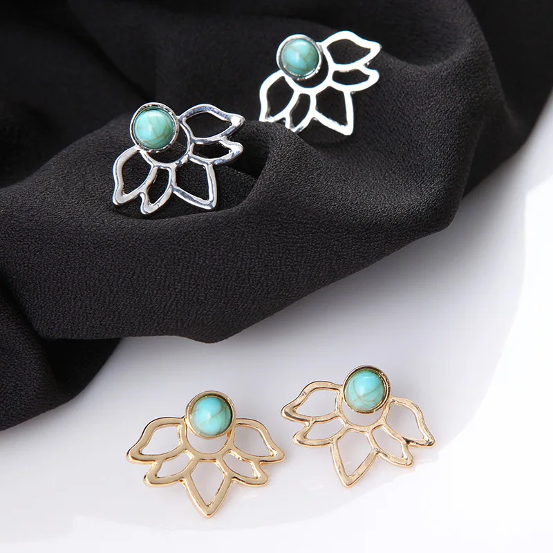

2018 New Personality Unique Retro Green Stone Lotus Petal Hollow Leaf Earrings Boucle D'oreille Femme Earrings For Women Brincos