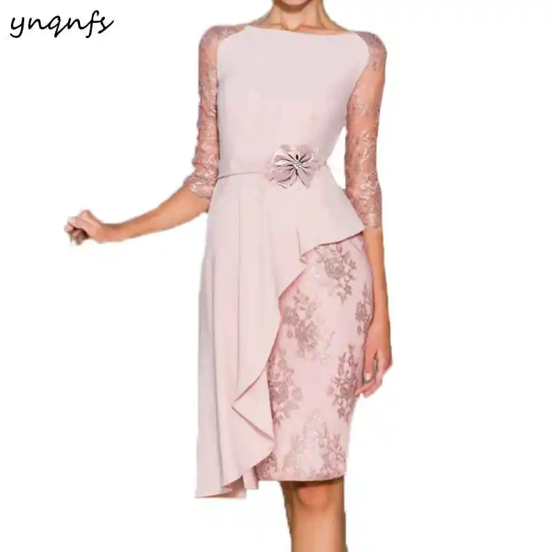 Розовый YNQNFS MD188 элегантные 3/4 рукав Асимметричные оборки шифоновая юбка кружева мать невесты/жениха платья наряды до колена - Цвет: Розовый