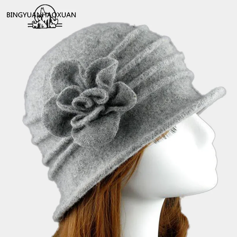 

2018Flower New Section 100% Wool Hat Autumn Winter Middle-aged Female Soft Hat Women European Tide Dome Felted Mummy Thought Hat