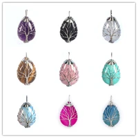 trendy beads silver plated wire wrap handmade tree of life many color water drop stone pendant agates jewelry