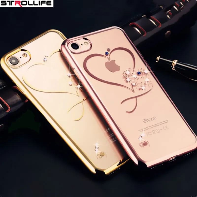 Love Heart Rose Gold Plating Glitter Diamond Phone Cases For iphone 7 7Plus 6 6s Ultrathin Soft TPU Silicone Crystal Clear Cover |