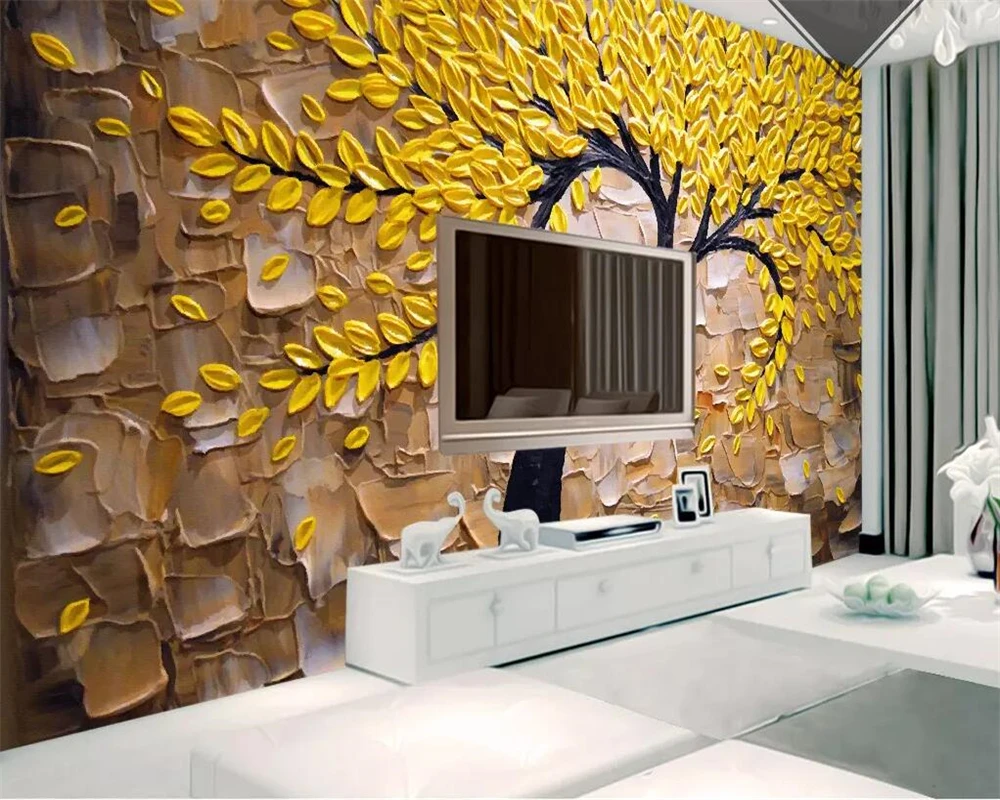 beibehang Custom wallpaper 3D yellow Fortune tree oil painting stereo photo knife tooling wealth background wall paper | Обустройство