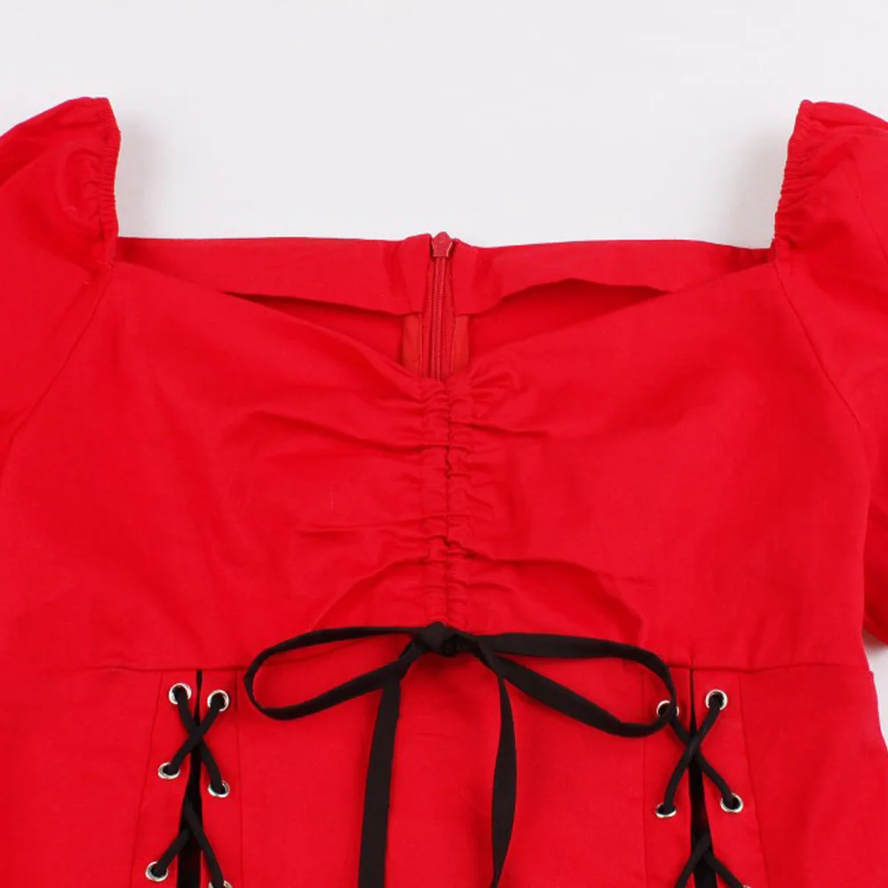 Женское винтажное платье на шнурках черное красное летнее с коротким рукавом