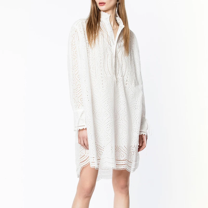 TWOTWINSTYLE Summer Embroidery Women's Dress Stand Collar Long Sleeve Hollow Out Solid Mini Dresses Female 2020 Fashion New | Женская