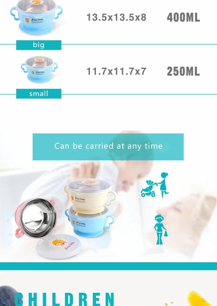 Jiayi Набор детских мисок Поильник всасывания пластины BPA Free 304 Нержавеющая сталь миска с крышкой наполнения водой Утепленная одежда столовая посуда для детей