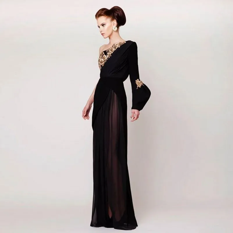 Арабское женское платье на одно плечо вечернее черное Формальное шифоновое с