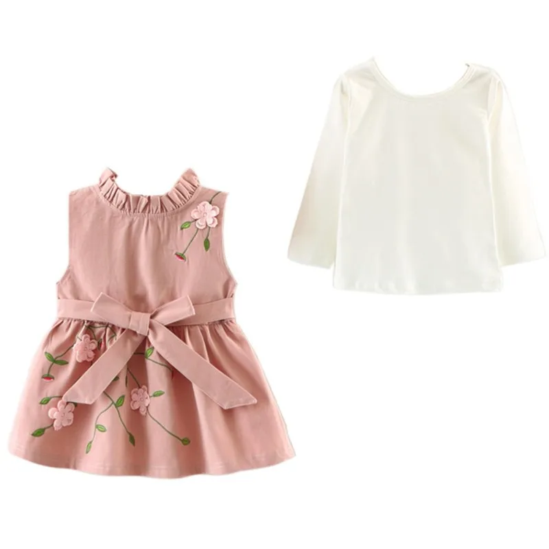 Модное платье для маленьких девочек 2 предмета футболка жилет Платья с цветочным