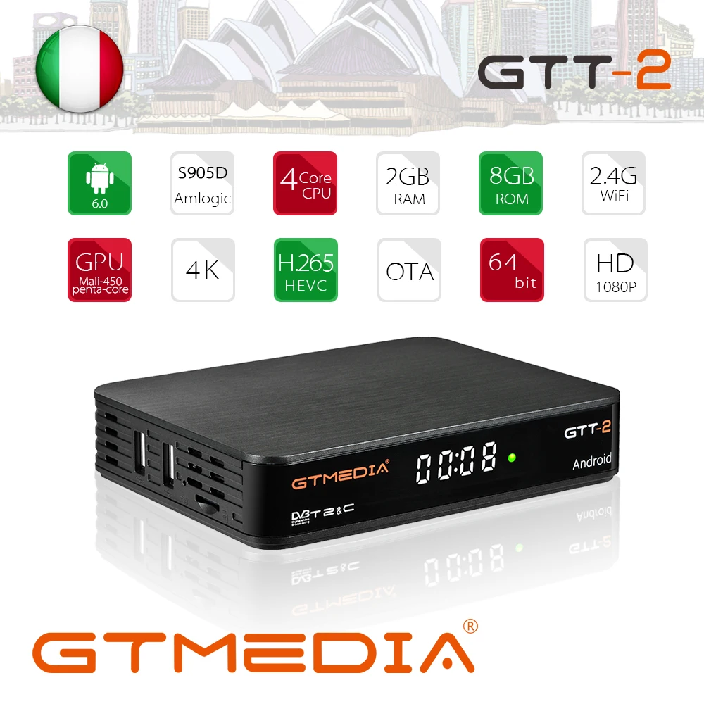 

GTMEDIA GTT2 Android 6.0 TV BOX DVB T2/Cable/ISDBT/ATSC-C 2GB 8GB with wifi H.265 4K Set top Box GTT2 DVB T2 TV Box