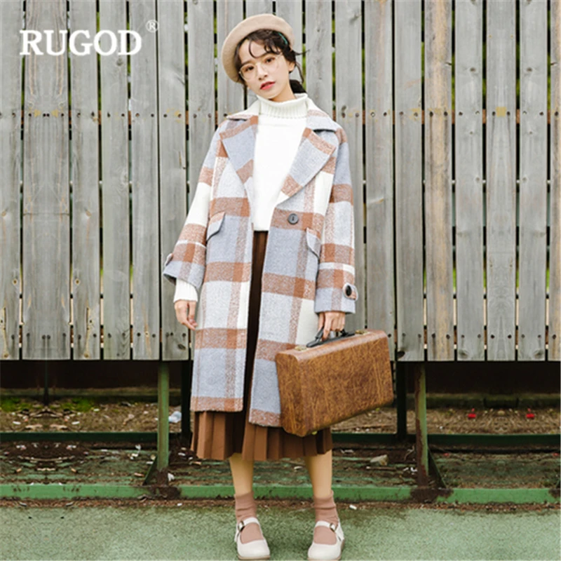 RUGOD Новое корейское цветное шерстяное пальто женское зимнее толстое в клетку