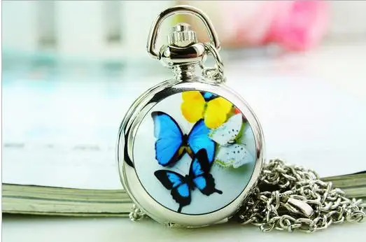 

Fashion charming butterfly quartz pattern pendant women quartz pocket watches necklace 10 piece /lot