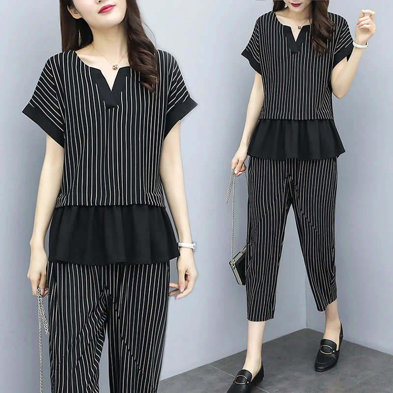 

Casual Striped Tracksuit For Women Two Piece Outfits 2pcs Set Ensemble Femme Deux Pieces Women's Tracksuits Women's Summer Suit