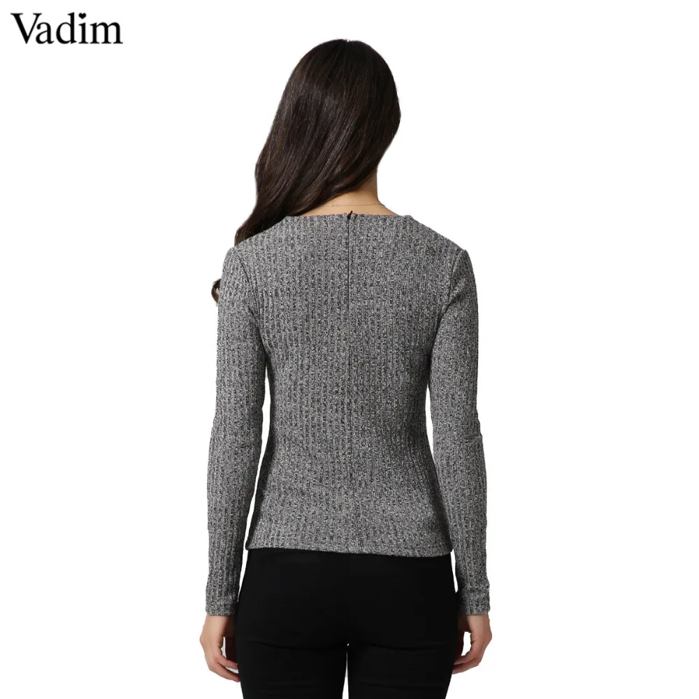 Vadim women sexy v neck knitted sweater bandage pullover lace up Elastic low cut cross bodycon long sleeve casual tops SW867 | Женская