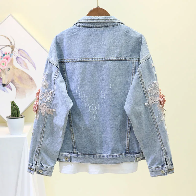 Neploe Spring Women Fashion Denim Jacket Embroidery Beading Flowers Short Jackets Coat Woman Long Sleeve Jean Jacket 90199