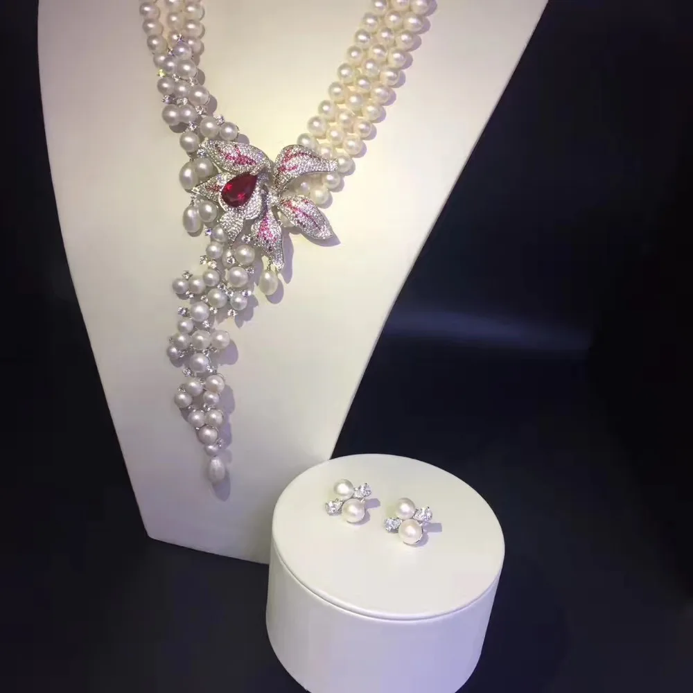 Комплект из колье и серёг с натуральным жемчугом|wedding party jewelry|party jewelrynecklace and earrings |