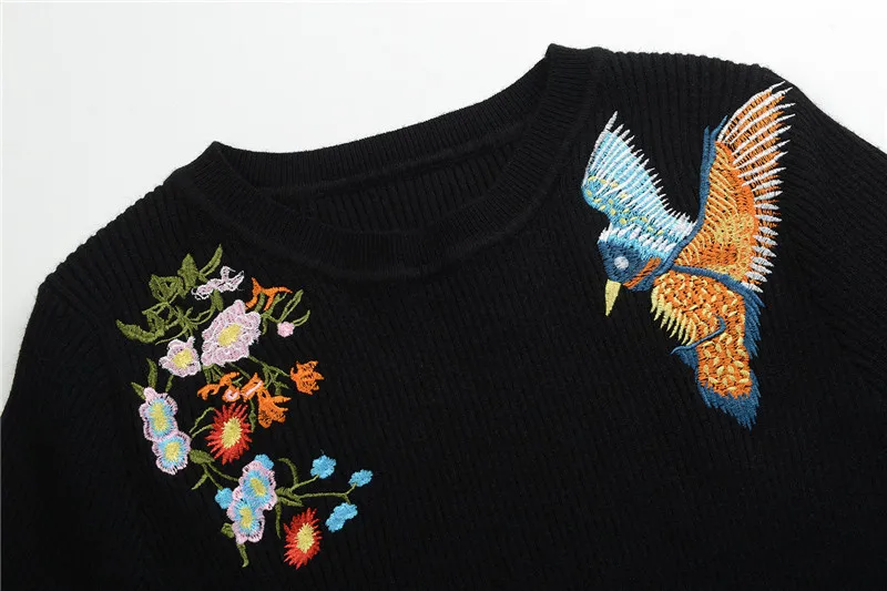 2017 черные цветы птицы вышивка Женская Вязание сексуальное обтягивающее платье