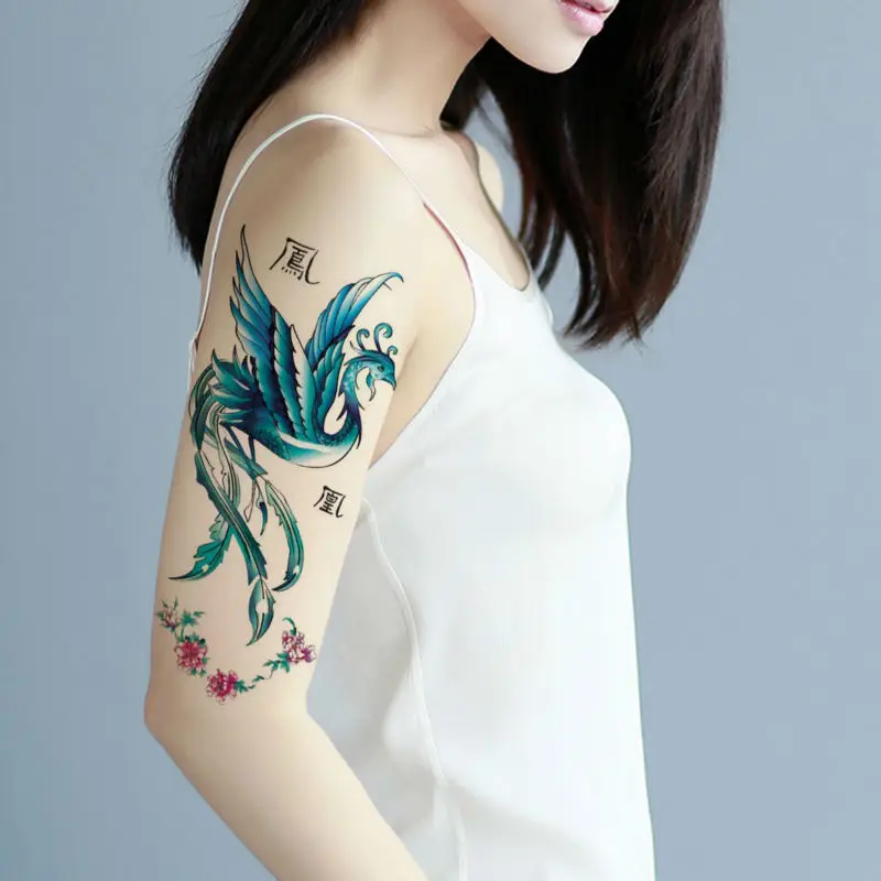 King Horse female waterproof blue phoenix pattern peony Waterproof 17X10CM Arm Tattoo Flash Temporary Sticker for women | Красота и