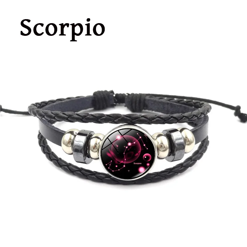 Scorpio 12 браслет с подвеской в виде созвездий ретро панк стиль зодиака стеклянная Пряжка ювелирные изделия Многослойный кожаный браслет для мужчин и женщин подарок на день рождения - Окраска металла: Scorpio