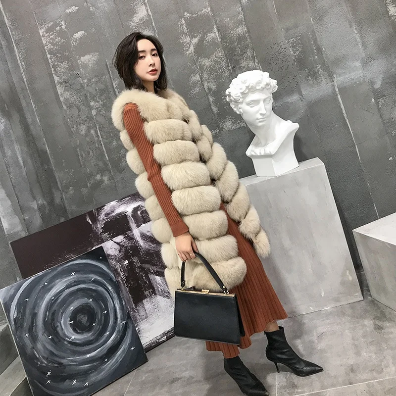 Женская длинная Меховая куртка модное пальто из натурального Лисьего меха жилет